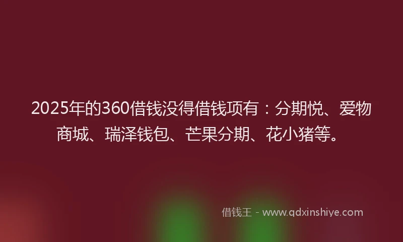 2025年的360借钱没得借钱项有：分期悦、爱物商城、瑞泽钱包、芒果分期、花小猪等。