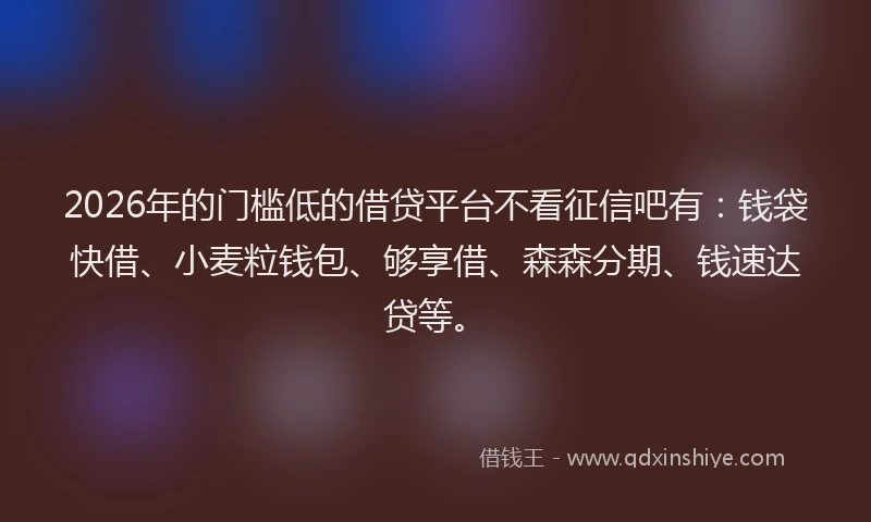 2026年的门槛低的借贷平台不看征信吧有：钱袋快借、小麦粒钱包、够享借、森森分期、钱速达贷等。