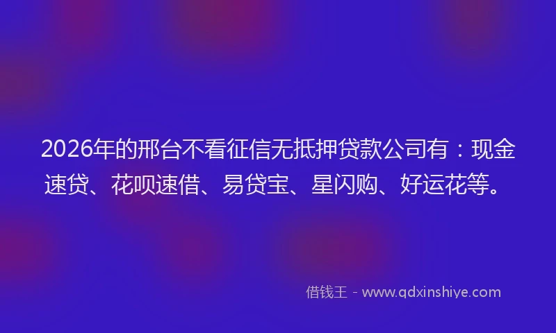 2026年的邢台不看征信无抵押贷款公司有：现金速贷、花呗速借、易贷宝、星闪购、好运花等。