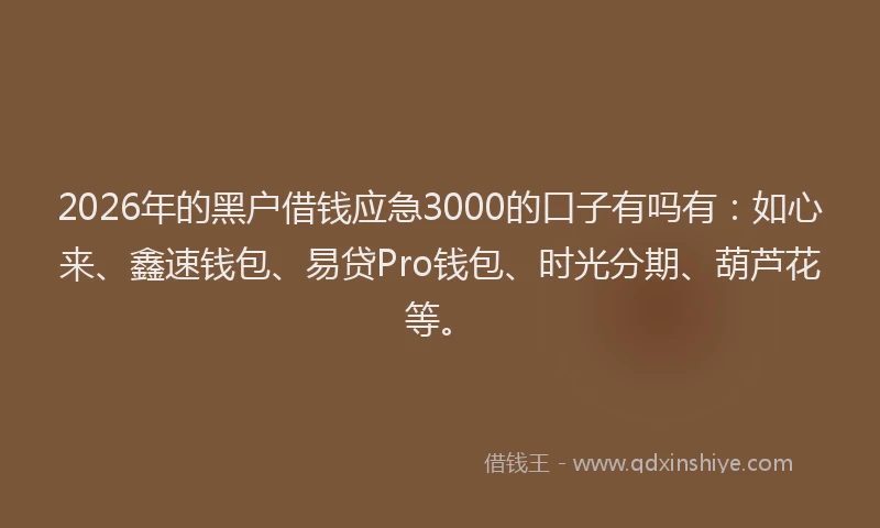 2026年的黑户借钱应急3000的口子有吗有：如心来、鑫速钱包、易贷Pro钱包、时光分期、葫芦花等。