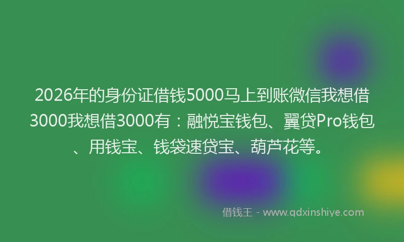 2026年的身份证借钱5000马上到账微信我想借3000我想借3000有：融悦宝钱包、翼贷Pro钱包、用钱宝、钱袋速贷宝、葫芦花等。