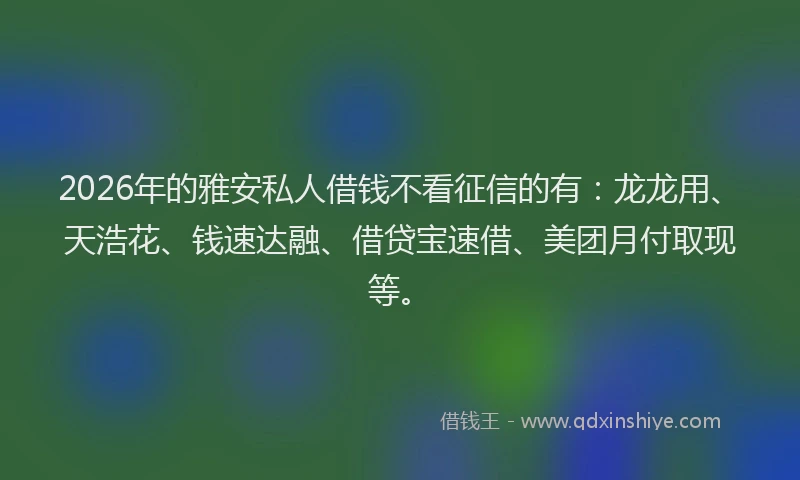 2026年的雅安私人借钱不看征信的有：龙龙用、天浩花、钱速达融、借贷宝速借、美团月付取现等。