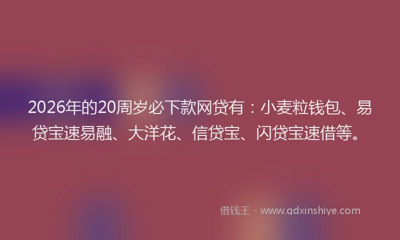 2026年的20周岁必下款网贷有：小麦粒钱包、易贷宝速易融、大洋花、信贷宝、闪贷宝速借等。