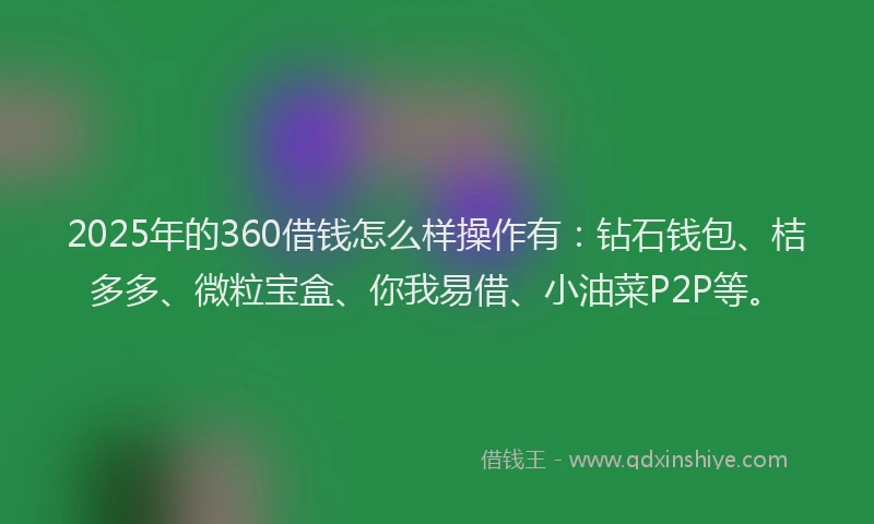2025年的360借钱怎么样操作有：钻石钱包、桔多多、微粒宝盒、你我易借、小油菜P2P等。