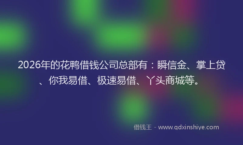 2026年的花鸭借钱公司总部有：瞬信金、掌上贷、你我易借、极速易借、丫头商城等。