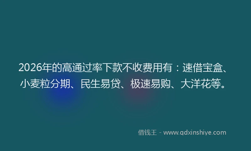 2026年的高通过率下款不收费用有：速借宝盒、小麦粒分期、民生易贷、极速易购、大洋花等。