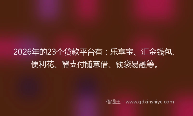 2026年的23个贷款平台有：乐享宝、汇金钱包、便利花、翼支付随意借、钱袋易融等。