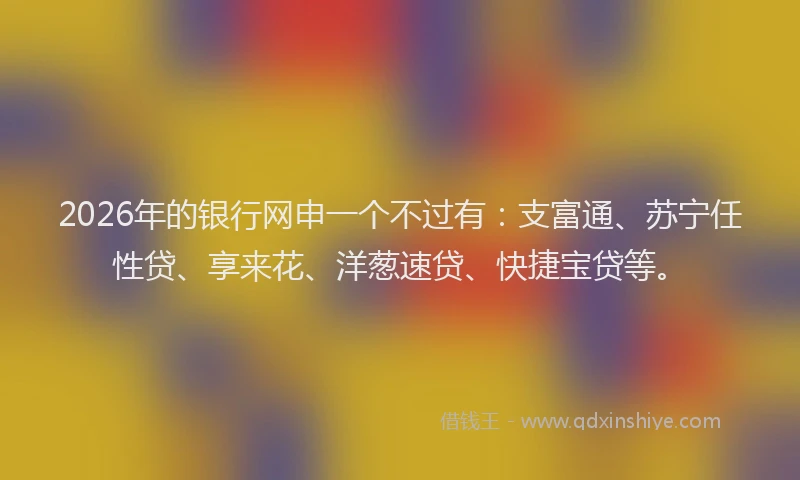 2026年的银行网申一个不过有：支富通、苏宁任性贷、享来花、洋葱速贷、快捷宝贷等。