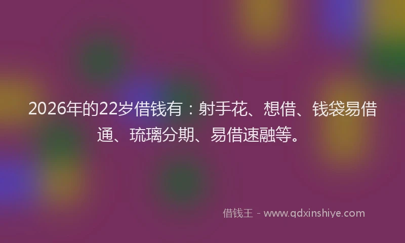 2026年的22岁借钱有：射手花、想借、钱袋易借通、琉璃分期、易借速融等。