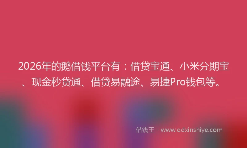 2026年的鹅借钱平台有：借贷宝通、小米分期宝、现金秒贷通、借贷易融途、易捷Pro钱包等。