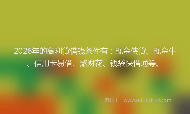 2026年的高利贷借钱条件有：现金侠贷、现金牛、信用卡易借、聚财花、钱袋快借通等。