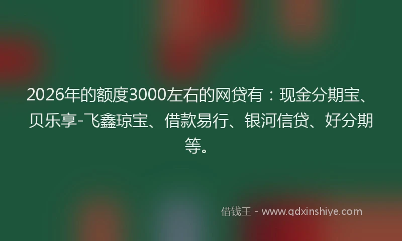 2026年的额度3000左右的网贷有：现金分期宝、贝乐享-飞鑫琼宝、借款易行、银河信贷、好分期等。