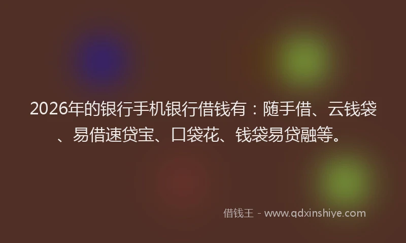 2026年的银行手机银行借钱有：随手借、云钱袋、易借速贷宝、口袋花、钱袋易贷融等。