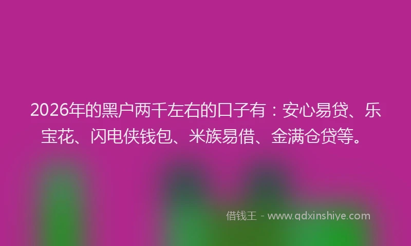2026年的黑户两千左右的口子有：安心易贷、乐宝花、闪电侠钱包、米族易借、金满仓贷等。