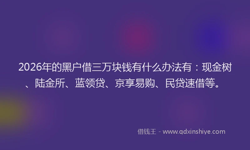 2026年的黑户借三万块钱有什么办法有：现金树、陆金所、蓝领贷、京享易购、民贷速借等。