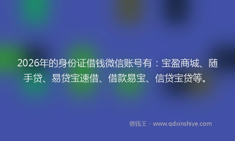 2026年的身份证借钱微信账号有：宝盈商城、随手贷、易贷宝速借、借款易宝、信贷宝贷等。