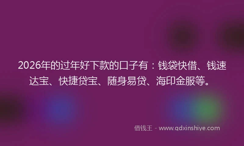 2026年的过年好下款的口子有：钱袋快借、钱速达宝、快捷贷宝、随身易贷、海印金服等。