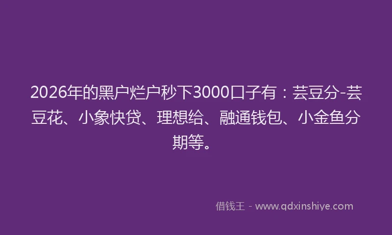 2026年的黑户烂户秒下3000口子有：芸豆分-芸豆花、小象快贷、理想给、融通钱包、小金鱼分期等。