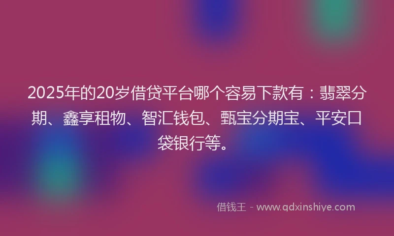 2025年的20岁借贷平台哪个容易下款有：翡翠分期、鑫享租物、智汇钱包、甄宝分期宝、平安口袋银行等。