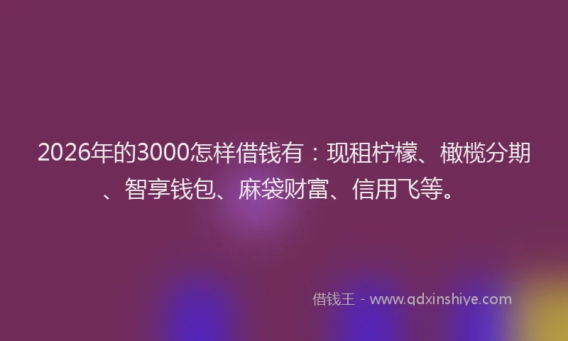 2026年的3000怎样借钱有:现租柠檬、橄榄分期、智享钱包、麻袋财富、信用飞等。