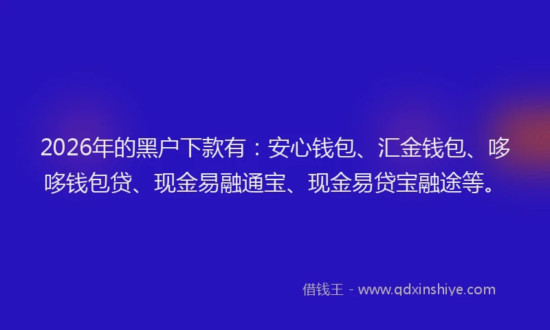2026年的黑户下款有：安心钱包、汇金钱包、哆哆钱包贷、现金易融通宝、现金易贷宝融途等。