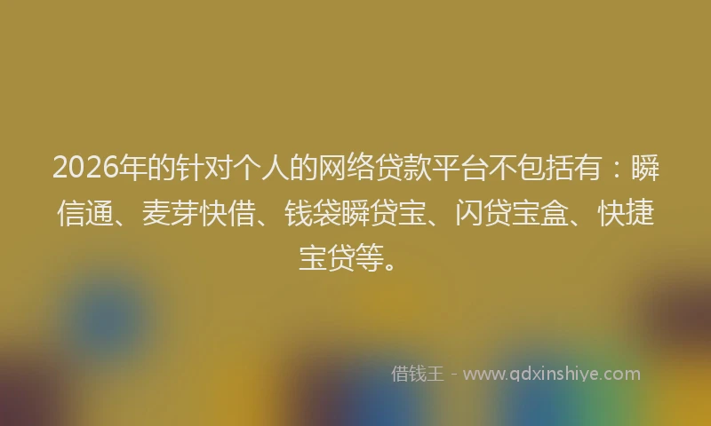 2026年的针对个人的网络贷款平台不包括有：瞬信通、麦芽快借、钱袋瞬贷宝、闪贷宝盒、快捷宝贷等。