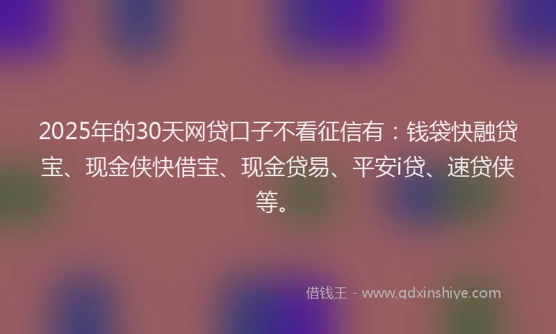 2025年的30天网贷口子不看征信有：钱袋快融贷宝、现金侠快借宝、现金贷易、平安i贷、速贷侠等。