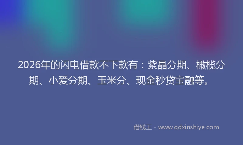 2026年的闪电借款不下款有：紫晶分期、橄榄分期、小爱分期、玉米分、现金秒贷宝融等。