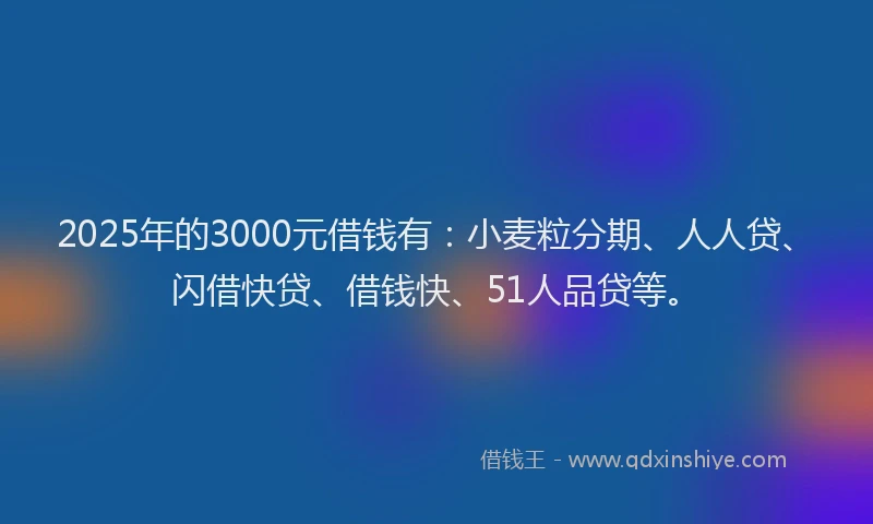 2025年的3000元借钱有：小麦粒分期、人人贷、闪借快贷、借钱快、51人品贷等。