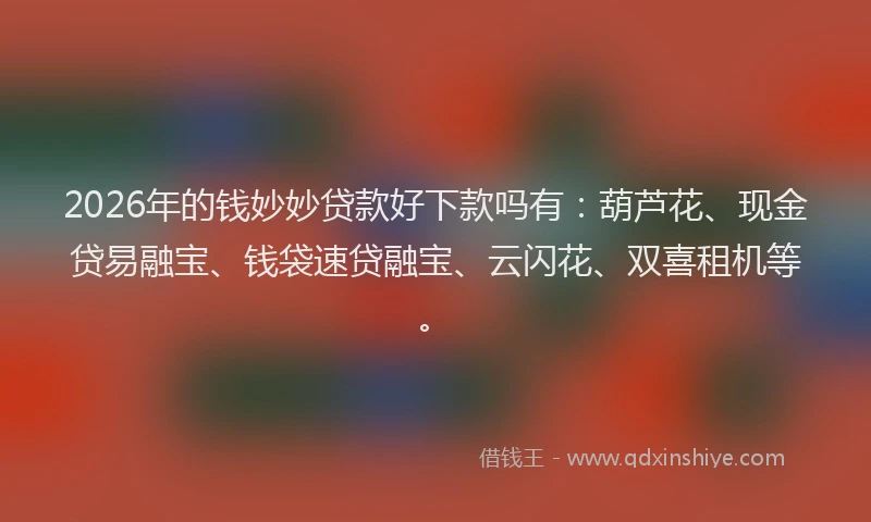 2026年的钱妙妙贷款好下款吗有:葫芦花、现金贷易融宝、钱袋速贷融宝、云闪花、双喜租机等。