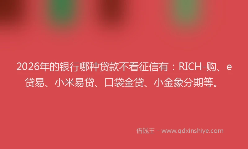 2026年的银行哪种贷款不看征信有：RICH-购、e贷易、小米易贷、口袋金贷、小金象分期等。