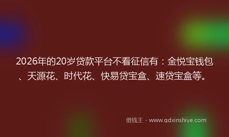 2026年的20岁贷款平台不看征信有：金悦宝钱包、天源花、时代花、快易贷宝盒、速贷宝盒等。