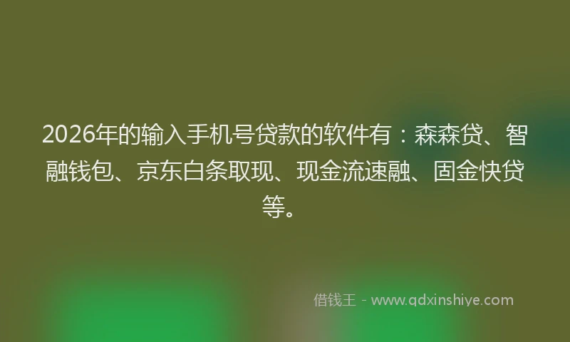 2026年的输入手机号贷款的软件有：森森贷、智融钱包、京东白条取现、现金流速融、固金快贷等。