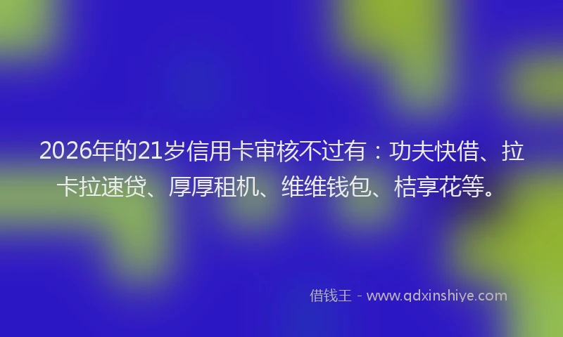 2026年的21岁信用卡审核不过有：功夫快借、拉卡拉速贷、厚厚租机、维维钱包、桔享花等。
