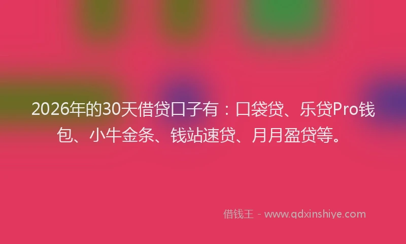 2026年的30天借贷口子有：口袋贷、乐贷Pro钱包、小牛金条、钱站速贷、月月盈贷等。