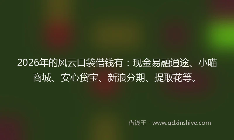 2026年的风云口袋借钱有:现金易融通途、小喵商城、安心贷宝、新浪分期、提取花等。