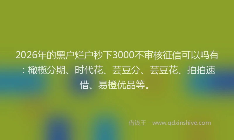 2026年的黑户烂户秒下3000不审核征信可以吗有：橄榄分期、时代花、芸豆分、芸豆花、拍拍速借、易橙优品等。