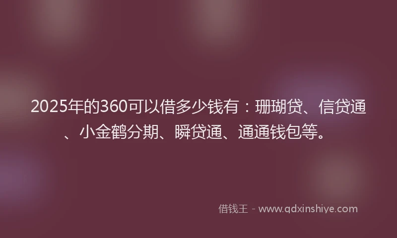 2025年的360可以借多少钱有：珊瑚贷、信贷通、小金鹤分期、瞬贷通、通通钱包等。