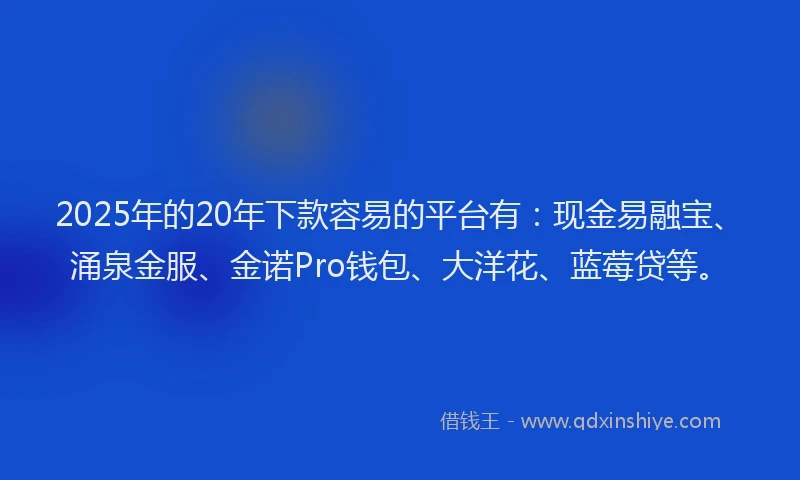 2025年的20年下款容易的平台有：现金易融宝、涌泉金服、金诺Pro钱包、大洋花、蓝莓贷等。