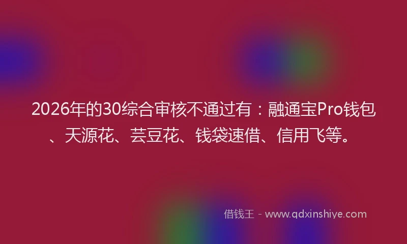 2026年的30综合审核不通过有：融通宝Pro钱包、天源花、芸豆花、钱袋速借、信用飞等。