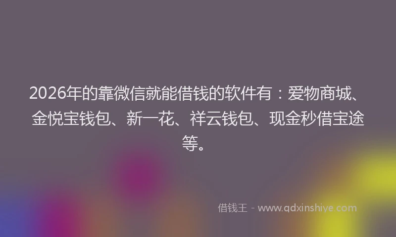 2026年的靠微信就能借钱的软件有：爱物商城、金悦宝钱包、新一花、祥云钱包、现金秒借宝途等。