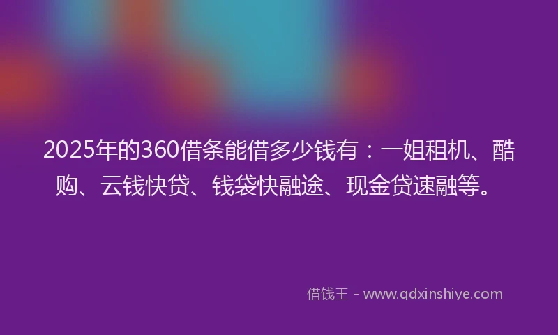 2025年的360借条能借多少钱有：一姐租机、酷购、云钱快贷、钱袋快融途、现金贷速融等。