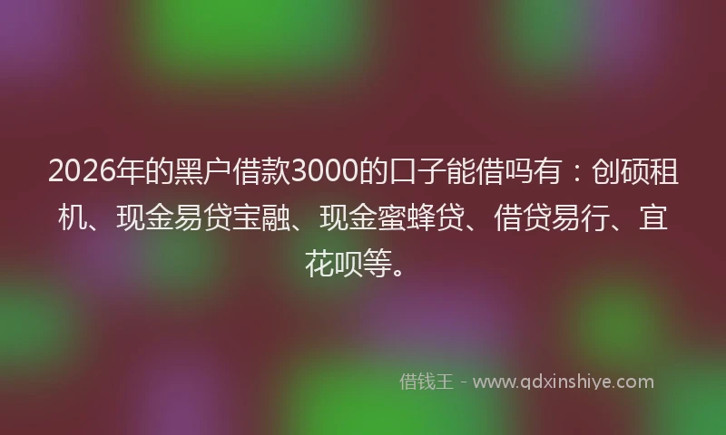 2026年的黑户借款3000的口子能借吗有:创硕租机、现金易贷宝融、现金蜜蜂贷、借贷易行、宜花呗等。