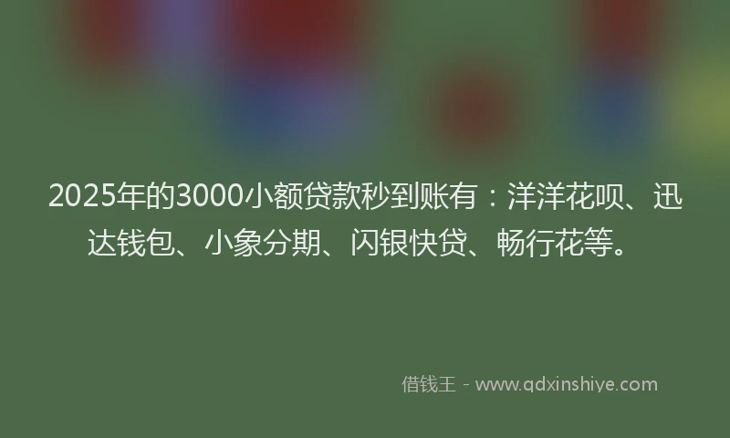 2025年的3000小额贷款秒到账有：洋洋花呗、迅达钱包、小象分期、闪银快贷、畅行花等。
