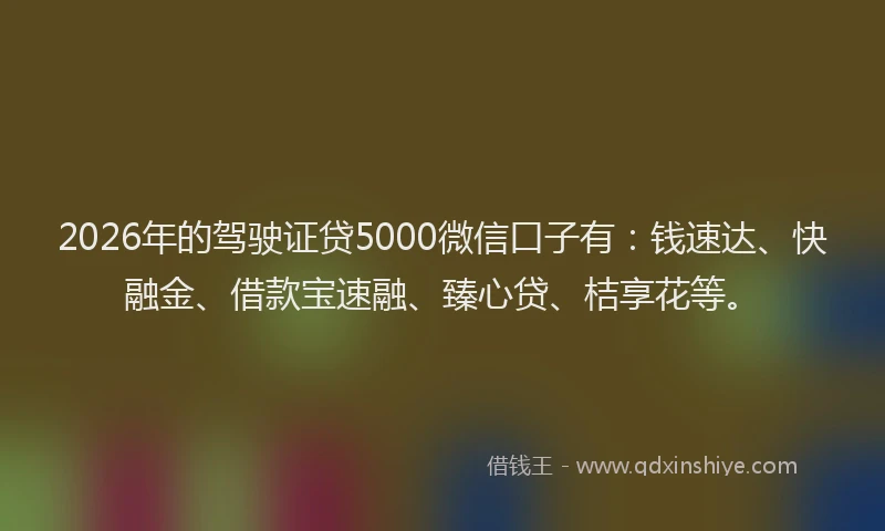 2026年的驾驶证贷5000微信口子有：钱速达、快融金、借款宝速融、臻心贷、桔享花等。