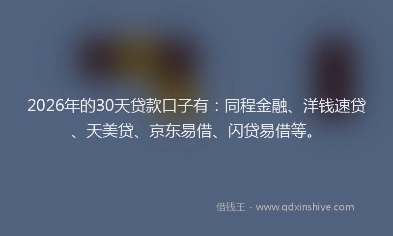 2026年的30天贷款口子有：同程金融、洋钱速贷、天美贷、京东易借、闪贷易借等。
