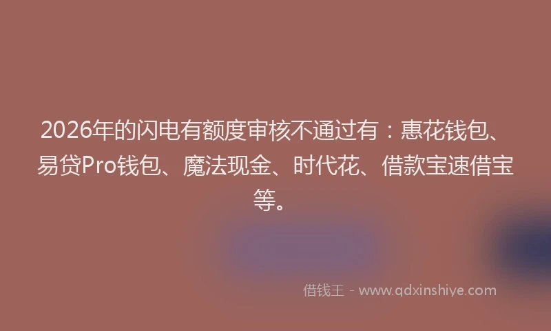 2026年的闪电有额度审核不通过有：惠花钱包、易贷Pro钱包、魔法现金、时代花、借款宝速借宝等。