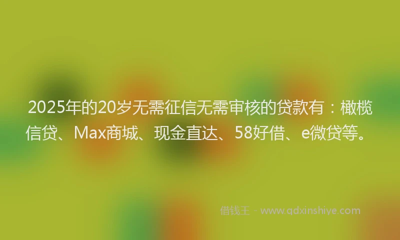 2025年的20岁无需征信无需审核的贷款有：橄榄信贷、Max商城、现金直达、58好借、e微贷等。