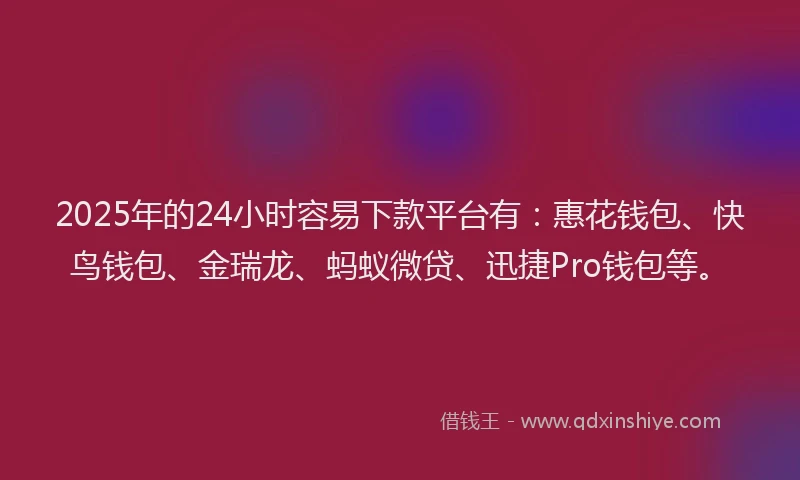 2025年的24小时容易下款平台有:惠花钱包、快鸟钱包、金瑞龙、蚂蚁微贷、迅捷Pro钱包等。