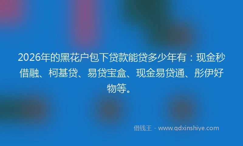 2026年的黑花户包下贷款能贷多少年有：现金秒借融、柯基贷、易贷宝盒、现金易贷通、彤伊好物等。